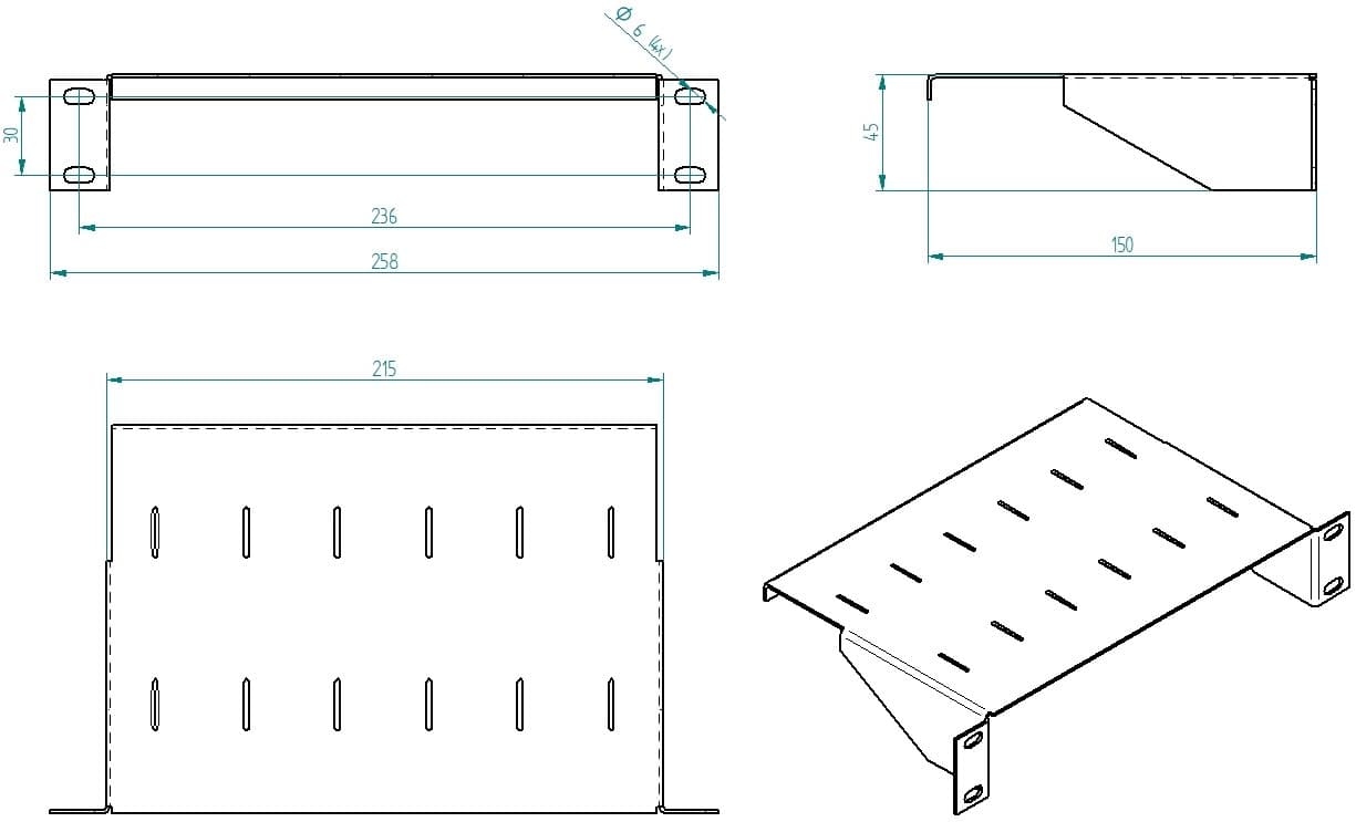 Masterlan police pevná s perforací, 1U, 10", 150mm, šedá