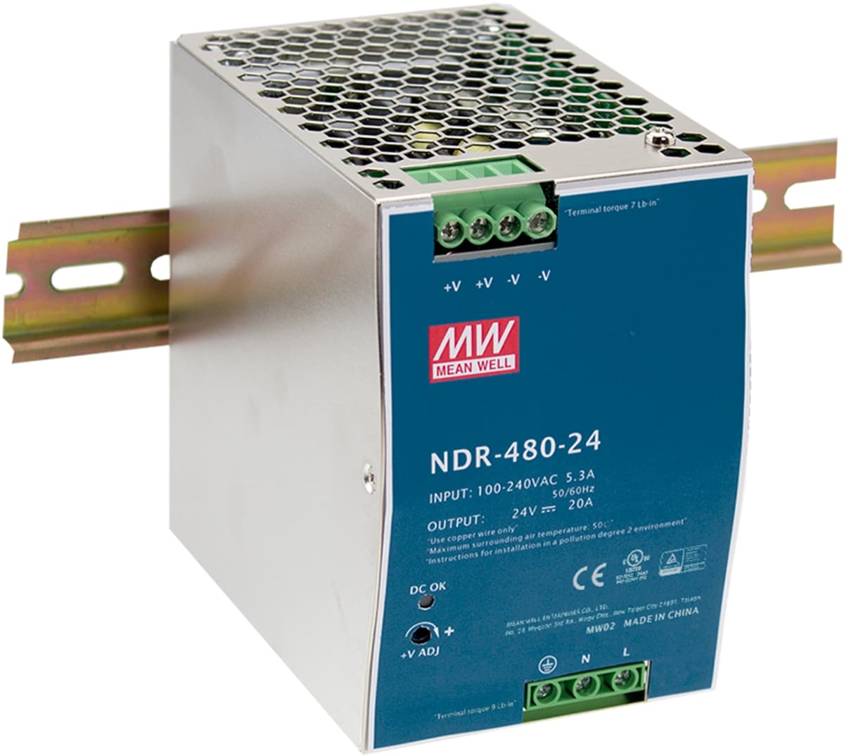 MEAN WELL NDR-480-24, Zdroj na DIN lištu, 24V, 480W