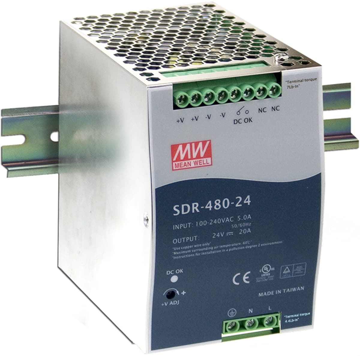 MEAN WELL SDR-480-24, Zdroj na DIN lištu, 24V, 480W