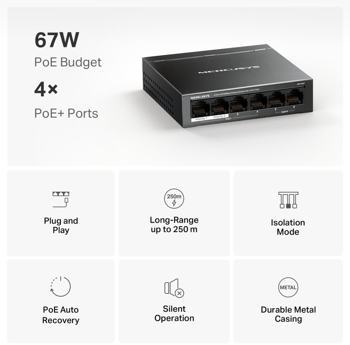 MERCUSYS MS106P switch s 4x PoE+