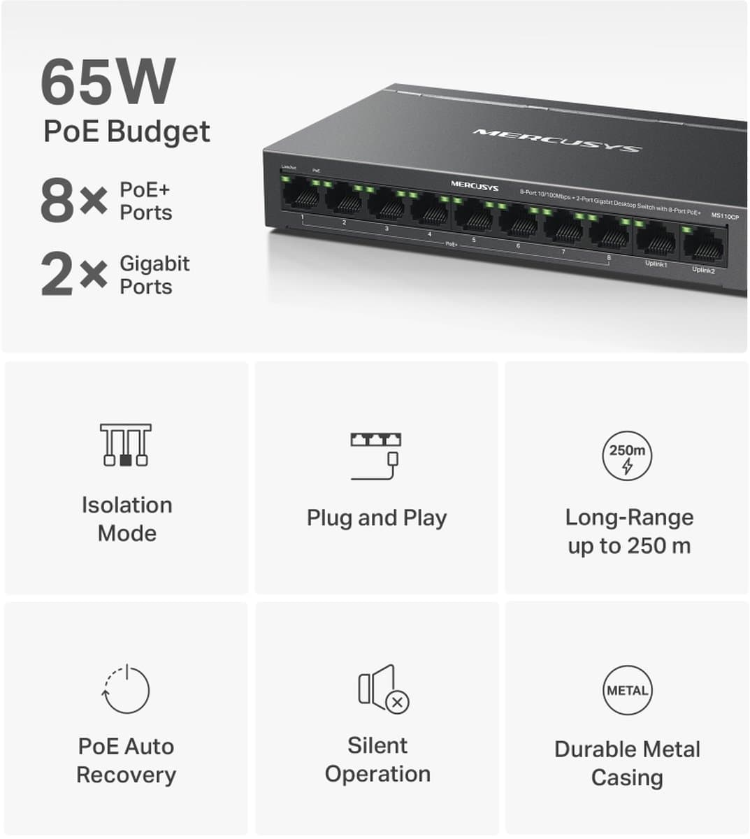MERCUSYS MS110CP Gigabit switch s 8x PoE+
