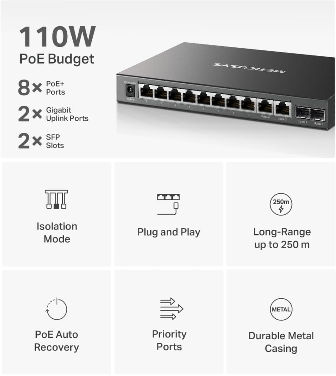 MERCUSYS MS112GMP, Gigabitový switch s 8 porty PoE+