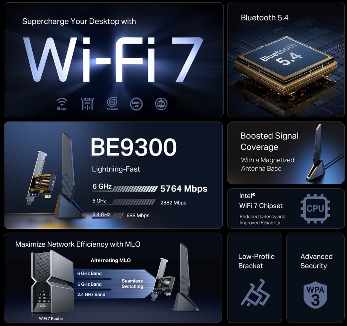 TP-Link Archer TBE553E, Wi-Fi 7 Bluetooth PCIe adaptér