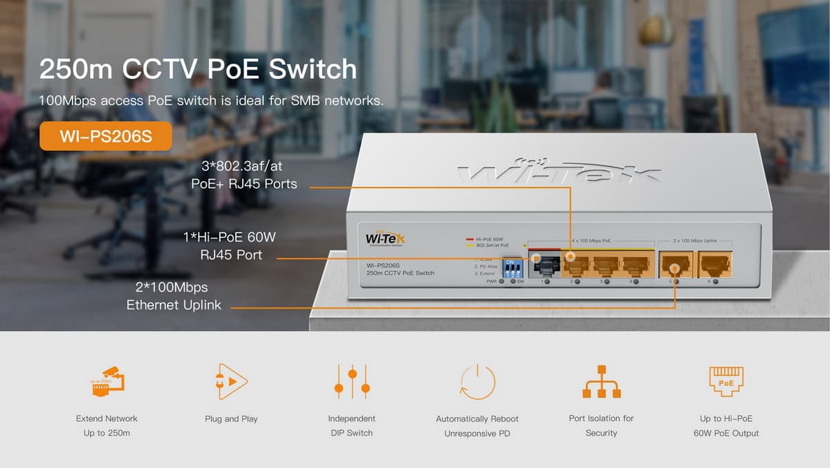 Wi-Tek WI-PS206S (V2) PoE switch, 4x PoE