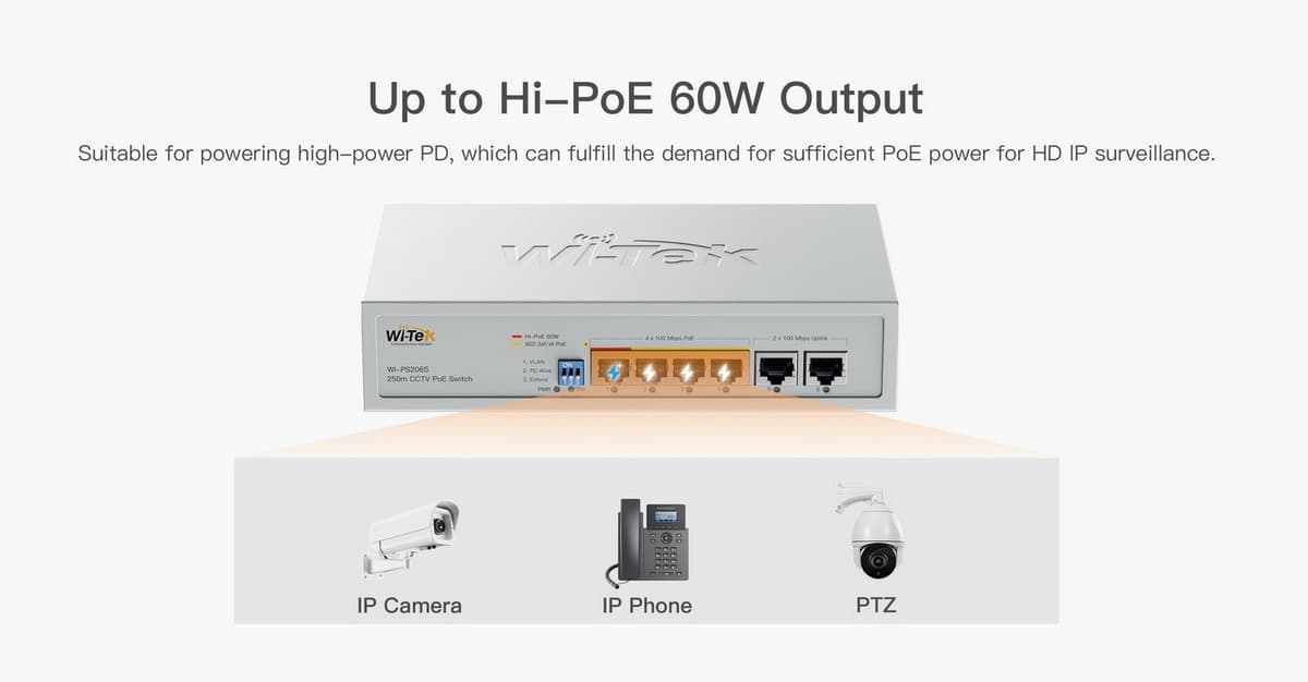 Wi-Tek WI-PS206S (V2) PoE switch, 4x PoE