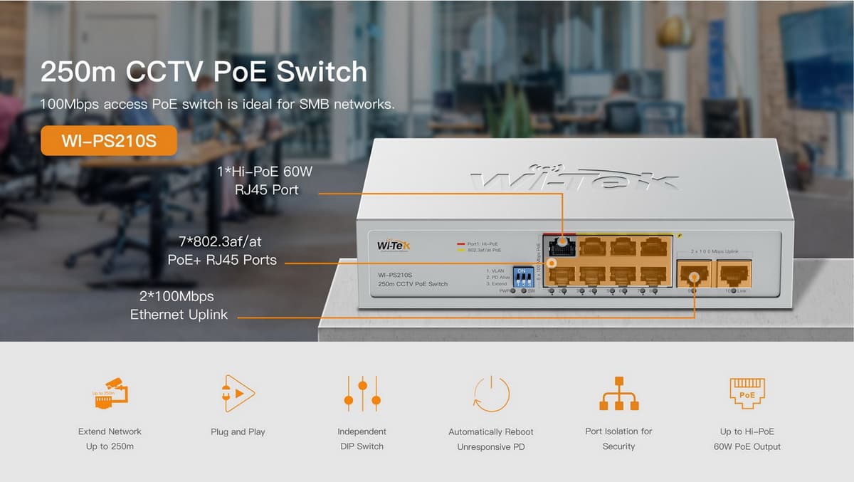 Wi-Tek WI-PS210S (V2) PoE switch, 8x PoE