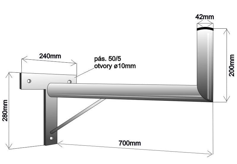 Anténní držák na zeď "L" délka 70cm, výška 20cm, d=42mm se vzpěrou a křížem