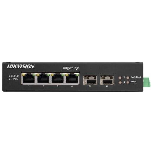 Hikvision DS-3T0506HP-E/HS, průmyslový PoE switch, 4x Gbit PoE + 2x SFP, 60W