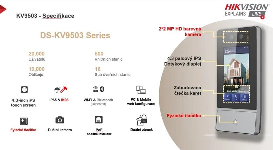 Hikvision DS-KV9503-WBE1 - IP dveřní interkom s rozpoznáním obličeje, 1 tlačítko, čtečka Mifare, WiFi