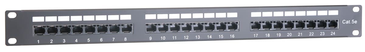Masterlan patch panel 19", 24xRJ45, Cat5e, 1U, s vyvazovací lištou, černý