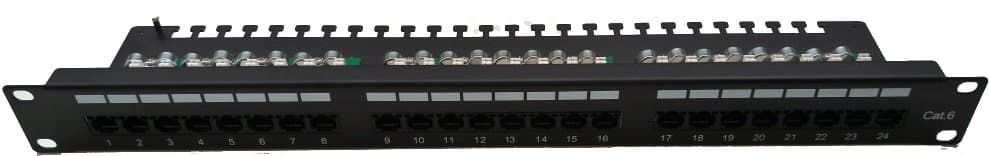 Masterlan patch panel 19", 24xRJ45, Cat6, 1U, s vyvazovací lištou, černý