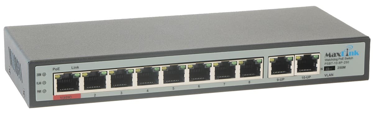 MaxLink PoE switch PSBT-10-8P-250, 10x LAN/8x PoE 250m, 802.3af/at/bt