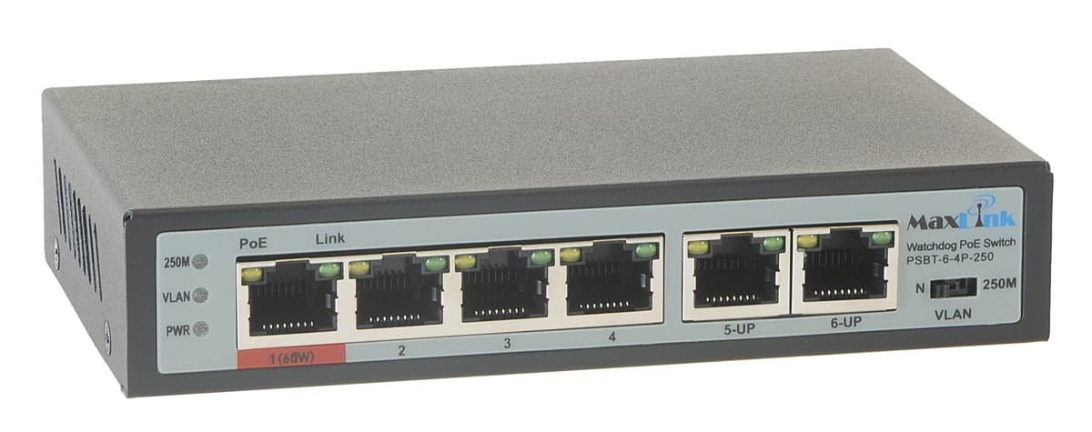 MaxLink PoE switch PSBT-6-4P-250, 6x LAN/4x PoE 250m, 802.3af/at/bt