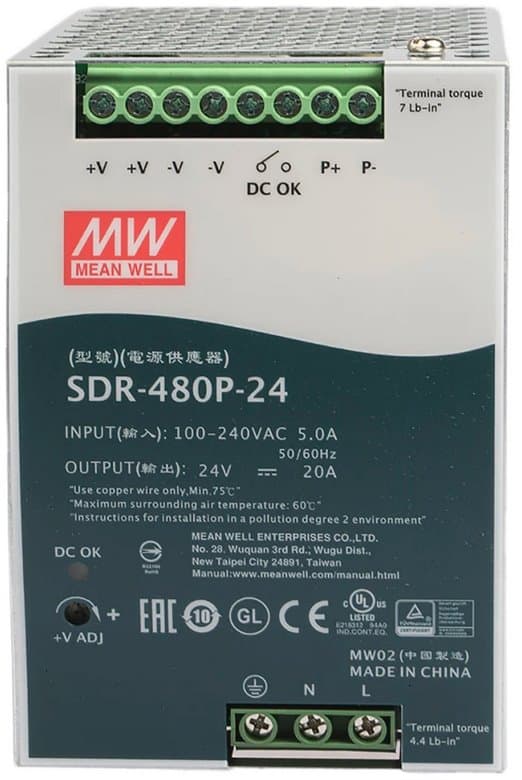 MEAN WELL SDR-480P-24 Spínaný zdroj na DIN lištu 480W, 24V