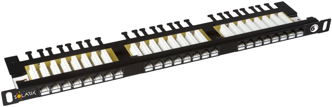 Solarix patch panel 24xRJ45 CAT6 UTP s vyvazovací lištou, černý, 0,5U