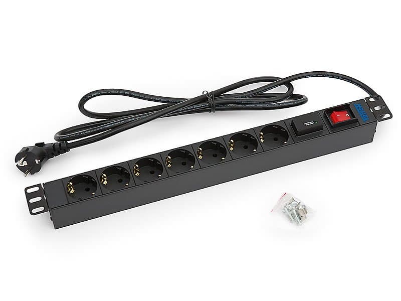 TRITON 19" rozvodný panel 1U; 7 x zásuvka podle DIN, max. 16 A; kabel 3 x 1,5 mm, 2 m + zástrčka uni